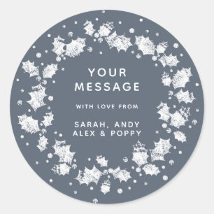 Dark Blue Gray Custom Christmas Holly Wreath Classic Round Sticker