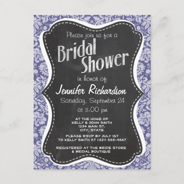 Dark Blue-Gray Damask; Vintage Chalkboard Invitation Postcard (Front)