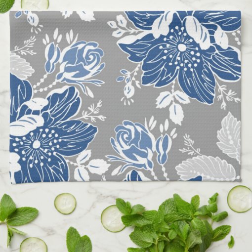 Dark Blue Gray Floral Kitchen Cloth Towel | Zazzle