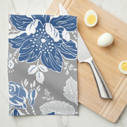 Dark Blue Gray Floral Kitchen Cloth Towel | Zazzle