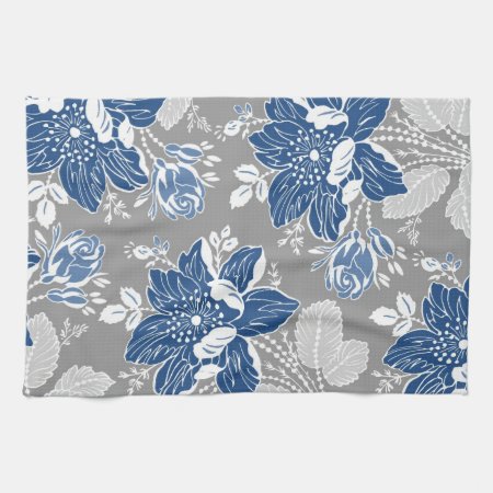 Dark Blue Gray Floral Kitchen Cloth Towel