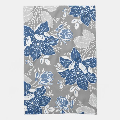 Dark Blue Gray Floral Kitchen Cloth Towel | Zazzle