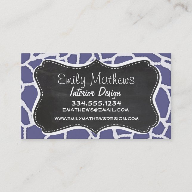 Dark Blue-Gray Giraffe Animal Print; Chalkboard Business Card (Front)