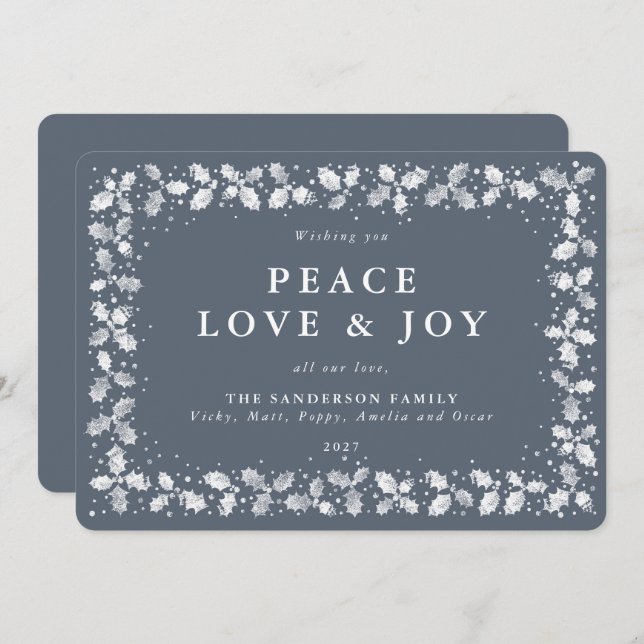 Dark Blue Gray Holly + Berries Flat Non Photo Holiday Card (Front/Back)