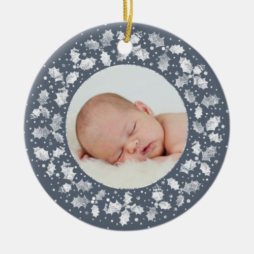 Dark Blue Gray Holly Christmas Photo  Message Ceramic Ornament