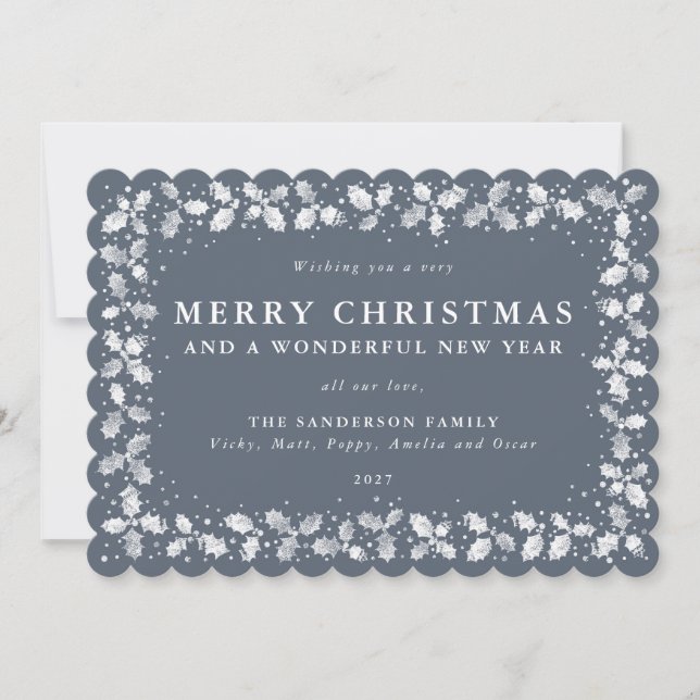 Dark Blue Gray Holly Leaves Border Flat Non Photo Holiday Card (Front)