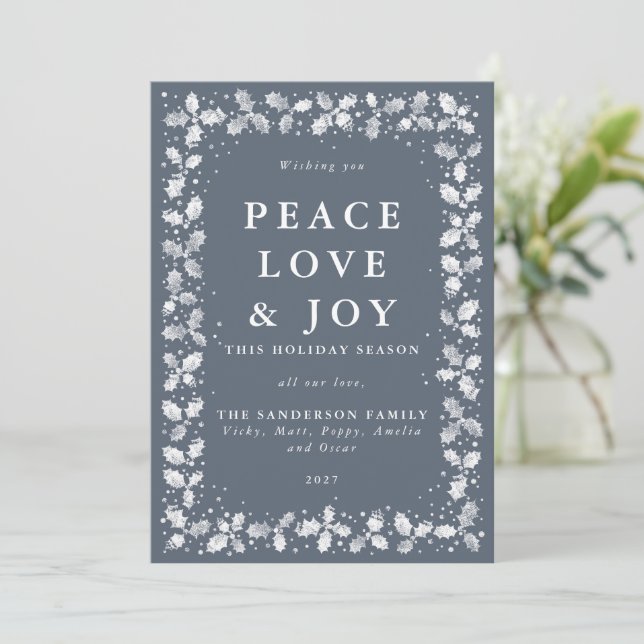 Dark Blue Gray Printed Holly Leaves Flat Non Photo Holiday Card (Standing Front)