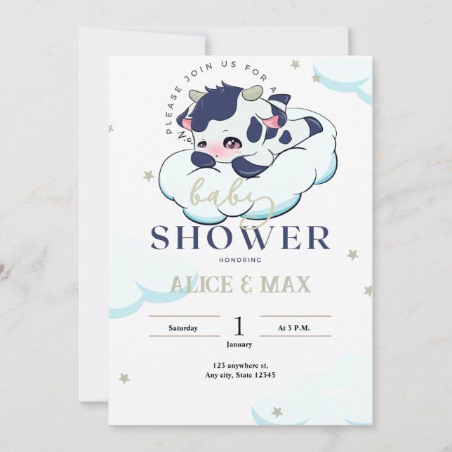 Dark Blue Gray Sleepy Cow White Cloud Baby Shower  Invitation (Front)