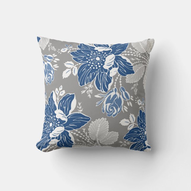 Dark Blue Gray White Floral Decorative Pillow (Front)