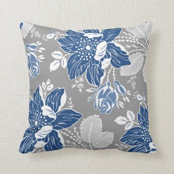 Dark Blue Gray White Floral Decorative Pillow by DreamingMindCards at Zazzle