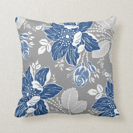 Dark Blue Gray White Floral Decorative Pillow