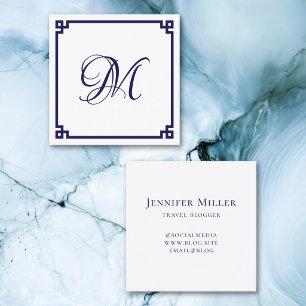 Dark Blue Greek Key Calligraphy Monogram Square Business Card