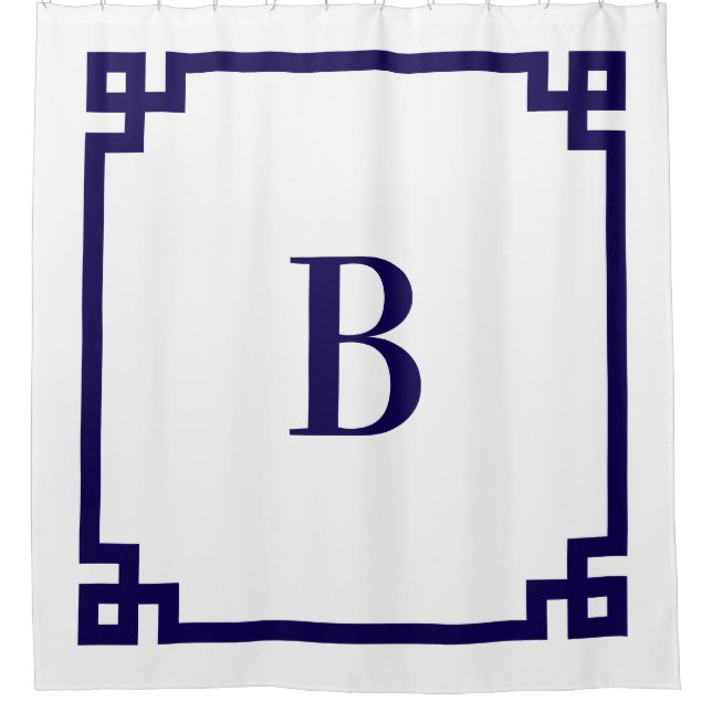 Dark Blue Greek Key Simple Monogram Shower Curtain (Front)