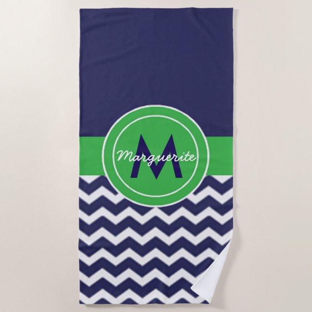 Dark Blue Green Chevron Beach Towel (Front)