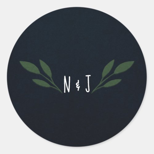 Dark Blue  Green Leaves Greenery Rustic Wedding Classic Round Sticker