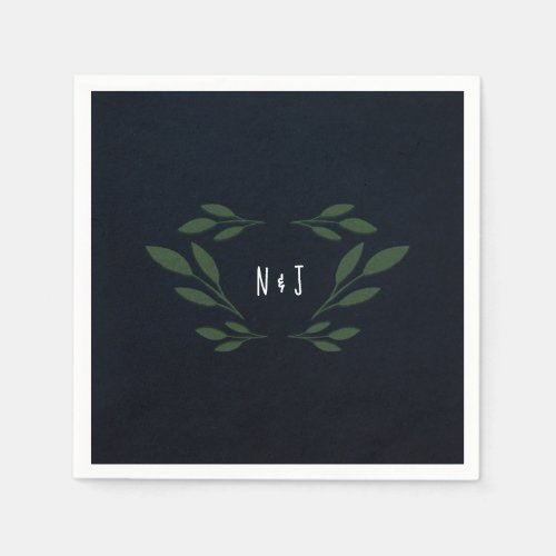 Dark Blue  Green Leaves Greenery Rustic Wedding Napkins