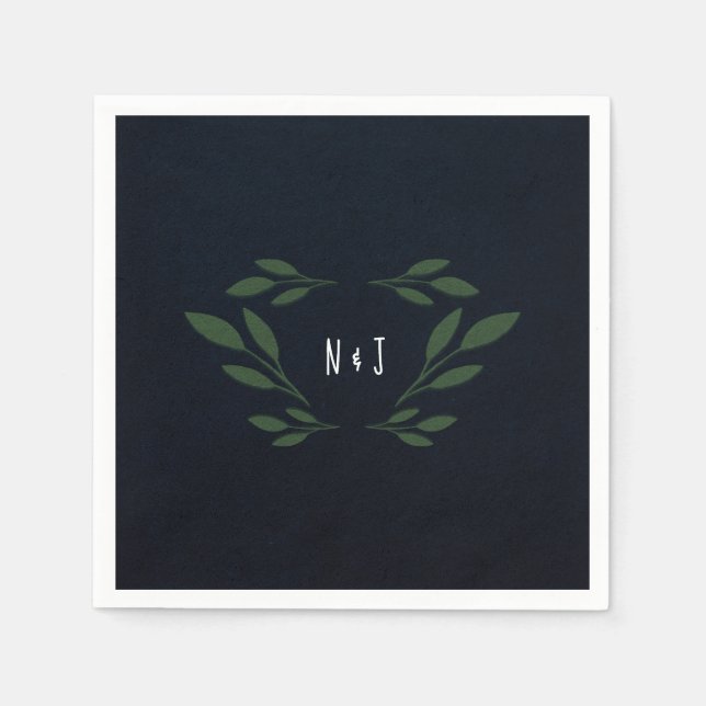 Dark Blue & Green Leaves Greenery Rustic Wedding Napkins (Front)