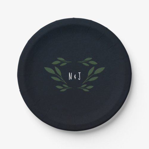 Dark Blue  Green Leaves Greenery Rustic Wedding Paper Plates