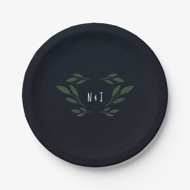 Dark Blue & Green Leaves Greenery Rustic Wedding Paper Plates (Front)