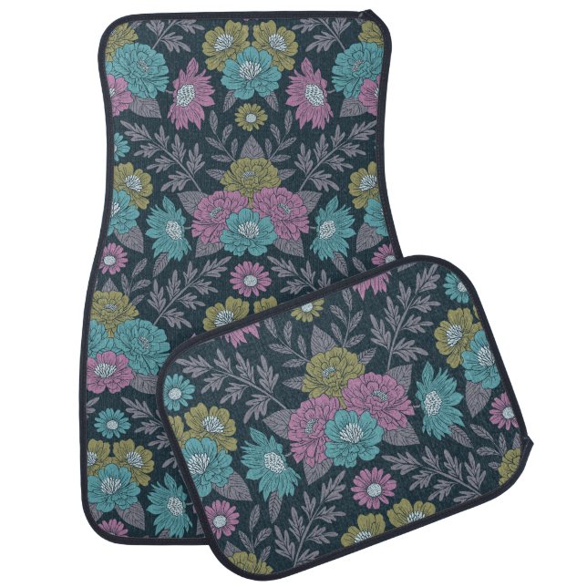 Dark Blue, Green & Purple Floral Car Floor Mat (Set)