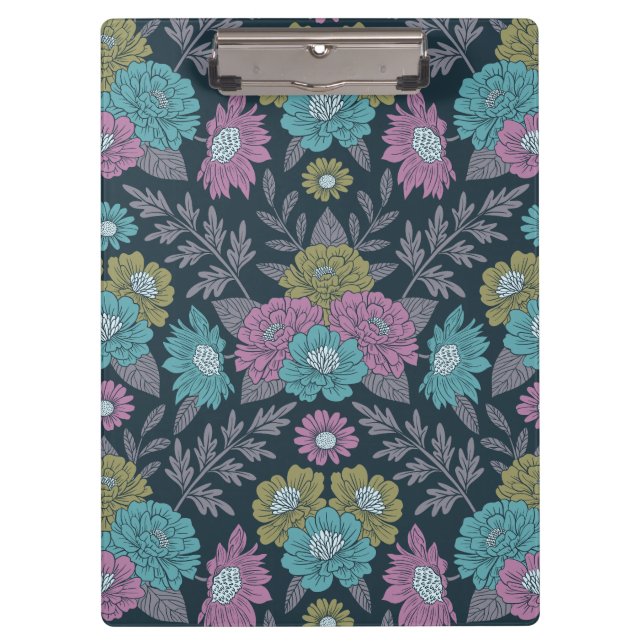 Dark Blue, Green & Purple Floral Clipboard (Front)