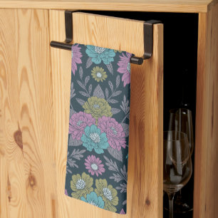 Dark Blue, Green & Purple Floral Kitchen Towel