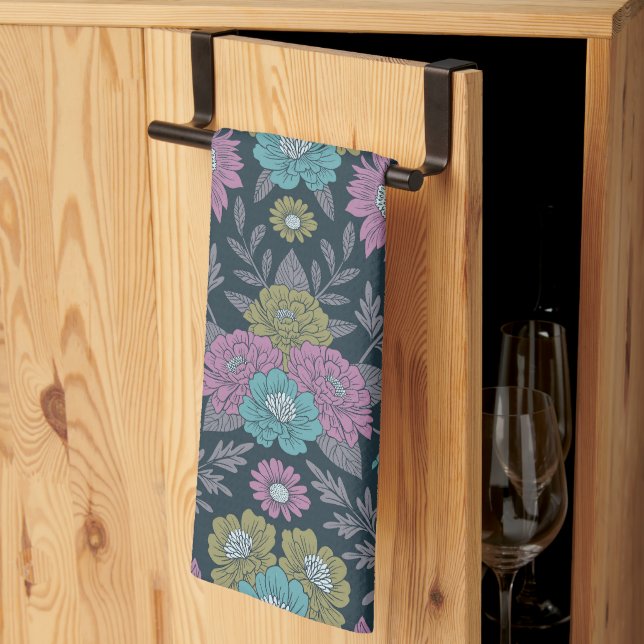 Dark Blue, Green & Purple Floral Kitchen Towel (Thirds Fold)