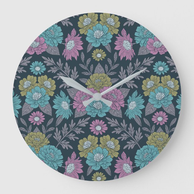 Dark Blue, Green & Purple Floral Large Clock (Front)