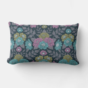 Dark Blue, Green & Purple Floral Lumbar Pillow