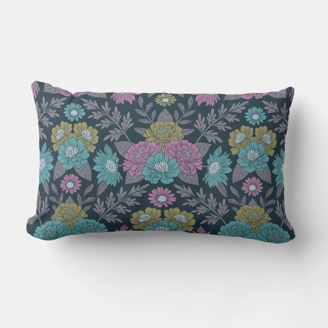 Dark Blue, Green & Purple Floral Lumbar Pillow (Front)