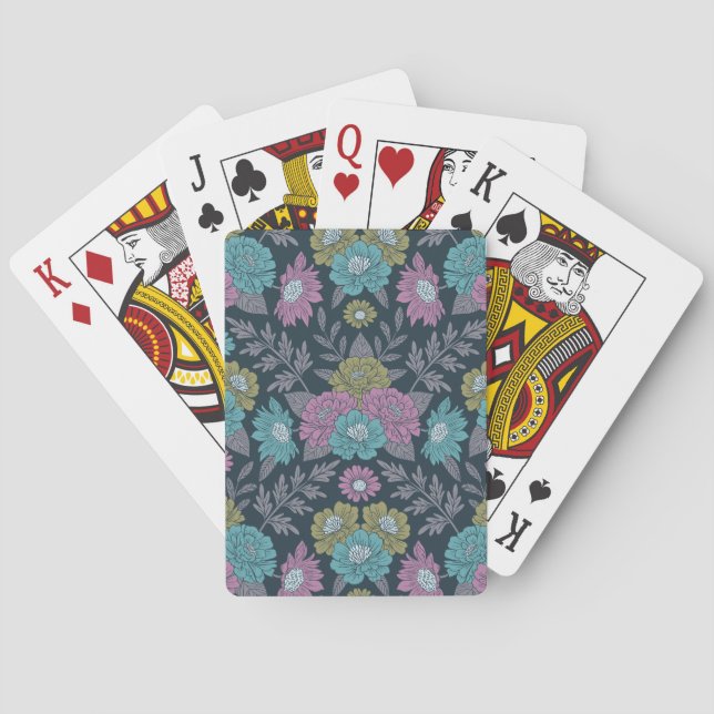 Dark Blue, Green & Purple Floral Poker Cards (Back)