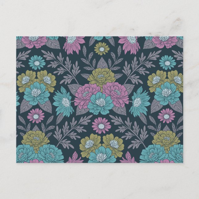 Dark Blue, Green & Purple Floral Postcard (Front)