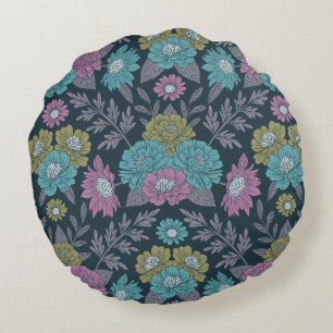 Dark Blue, Green & Purple Floral Round Pillow