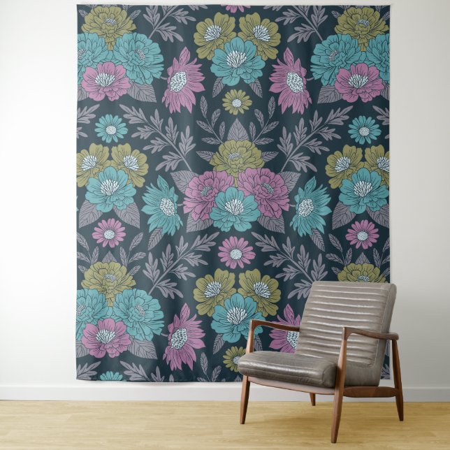 Dark Blue, Green & Purple Floral Tapestry (In Situ)