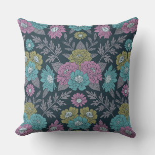 Dark Blue, Green & Purple Floral Throw Pillow