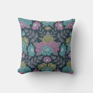 Dark Blue, Green & Purple Floral Throw Pillow