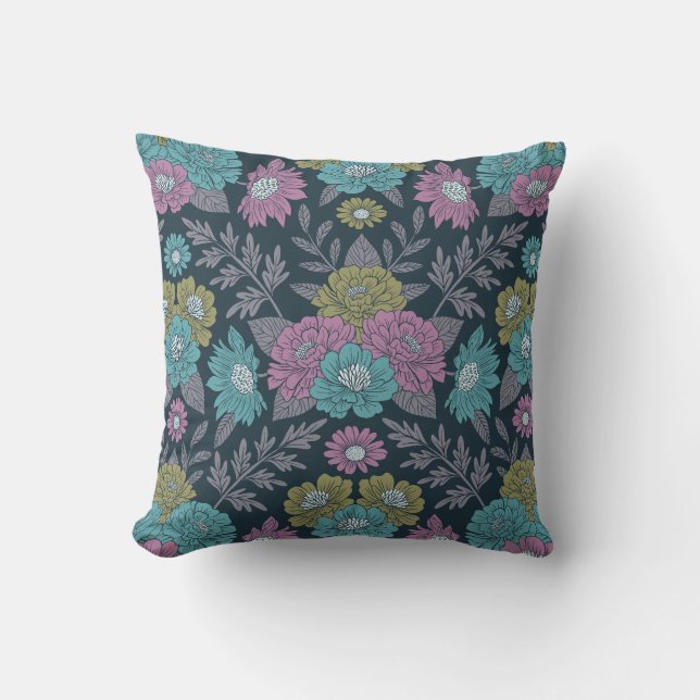 Dark Blue, Green & Purple Floral Throw Pillow (Front)