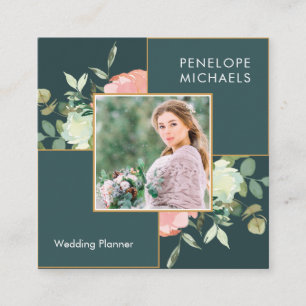 Dark Blue Green with Floral Bouquet Photo Square Business Card
