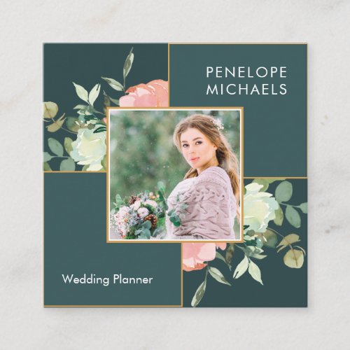 Dark Blue Green with Floral Bouquet Photo Square Business Card