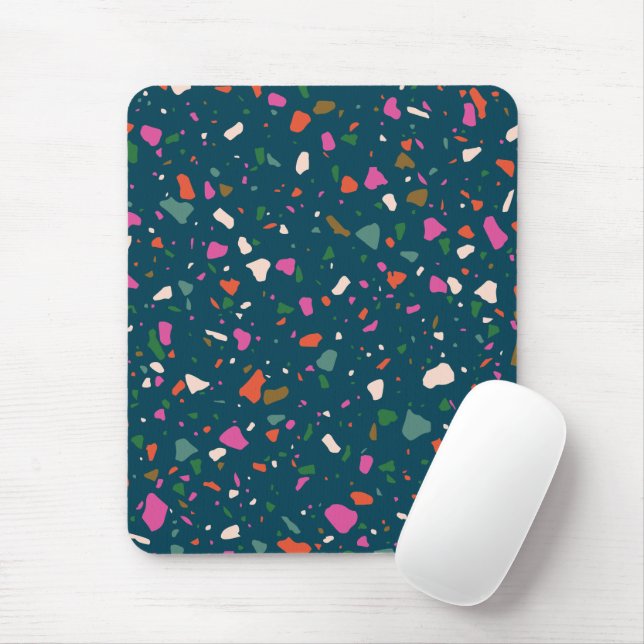 Dark Blue Green with Pink Orange Teal Terrazzo Mouse Pad (With Mouse)
