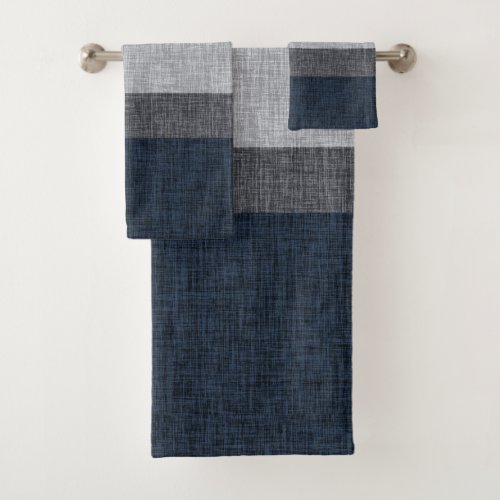 Dark Blue Grey Crosshatch Stripe Man Cave Bath Towel Set