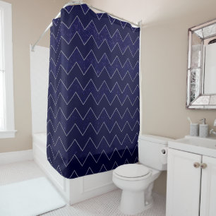 Dark Blue Grunge Chevron with Silver Accents Shower Curtain