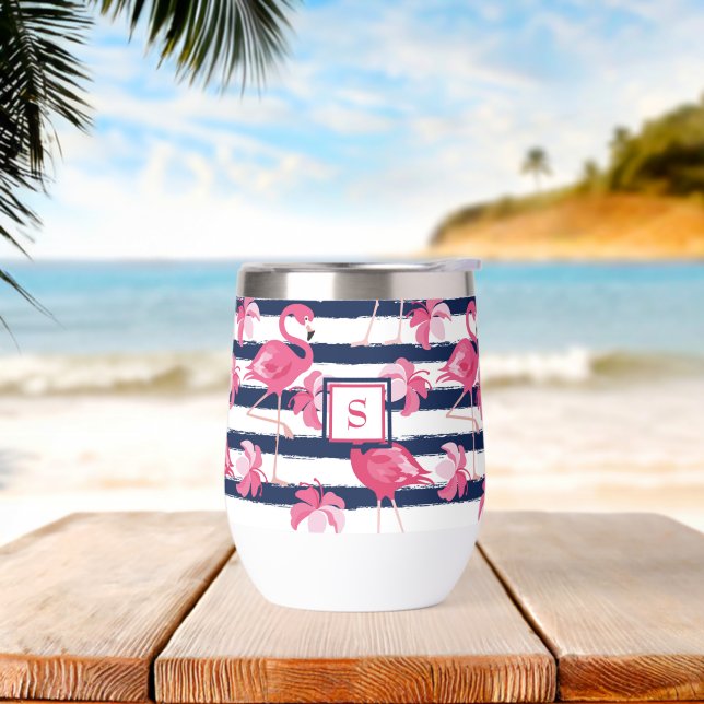 Dark Blue Grunge Stripes Pink Flamingo Monogrammed Thermal Wine Tumbler (Beach)