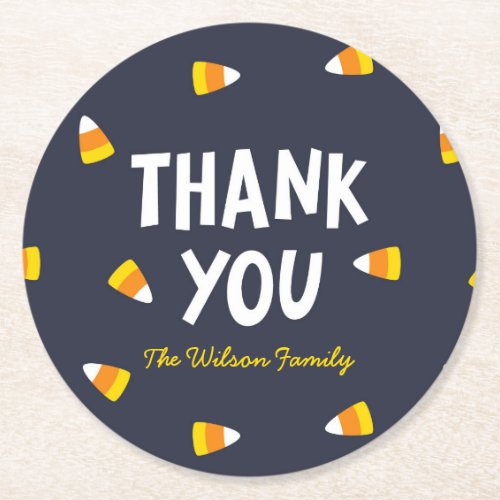 Dark Blue Halloween Candy Corn Thank You Round Paper Coaster