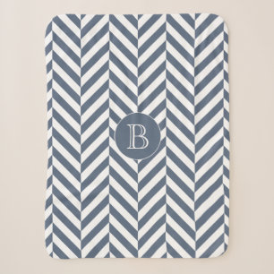 Dark Blue Herringbone Pattern Custom Monogram Sherpa Blanket