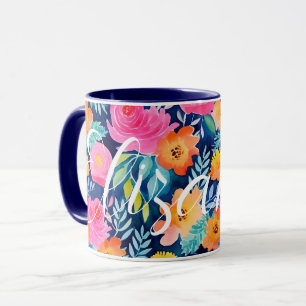 Dark Blue Hot Pink Yellow Happy Floral Custom Name Mug