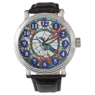 Dark Blue Hummingbird Stained Glass Bird Wrist Watch