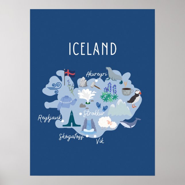 Dark blue Iceland travel map Poster (Front)