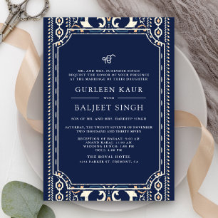 Dark Blue Ikat Anand Karaj Sikh Wedding Invitation