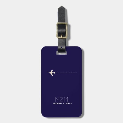 dark blue international travel tag with name